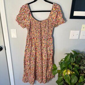 Chic Style Colorful Floral Midi Dress Elastic Chest and Sleeves Size Large